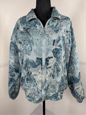 Vintage EVR Div Rousso 100% Silk Bomber Jacket Blue Paisley Print Size Medium